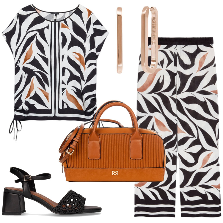 Outfit donna - Completo stampa foliage. Stile Casual chic per Ufficio. Abbinamento con orecchini, borse a mano, bluse, pantaloni, sandali col tacco.