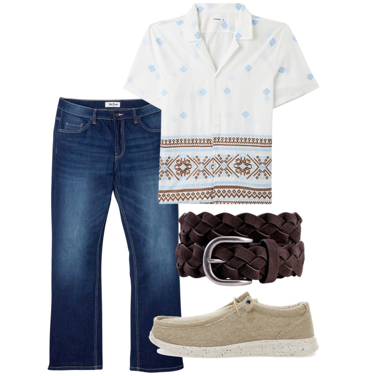 Outfit uomo - Grecia. Stile Casual per Tutti i giorni. Abbinamento con jeans bootcut, camicie a manica corta, cinture, scarpe stringate.