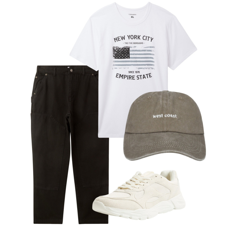 Outfit uomo - Giugno. Stile Casual per Tutti i giorni. Abbinamento con cappelli, t-shirt, sneakers, pantaloni.