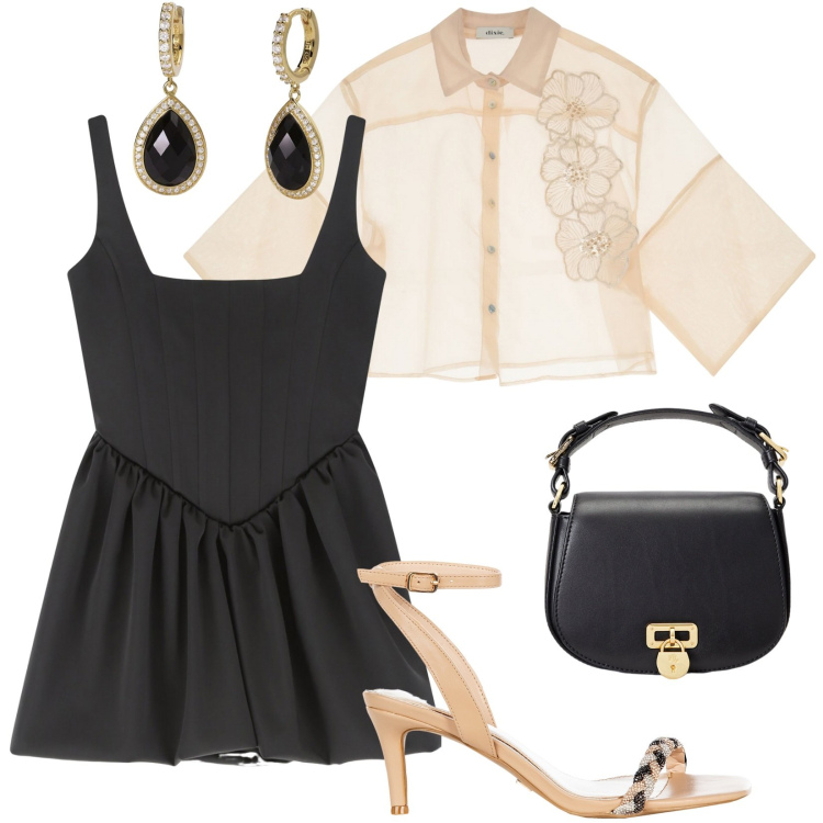 Outfit donna - Trasparenze al tramonto. Stile Glamour per Serata fuori. Abbinamento con orecchini, sandali in pelle, vestiti corti, camicie, borse a tracolla.