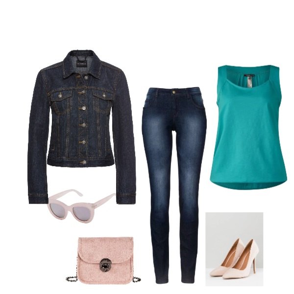 Outfit donna - Casual chic. Stile Basic per Tutti i giorni. Abbinamento con jeans skinny, giacca in denim, borsa a tracolla, occhiali da sole, scarpe con tacco alto a punta, canottiera turchese.