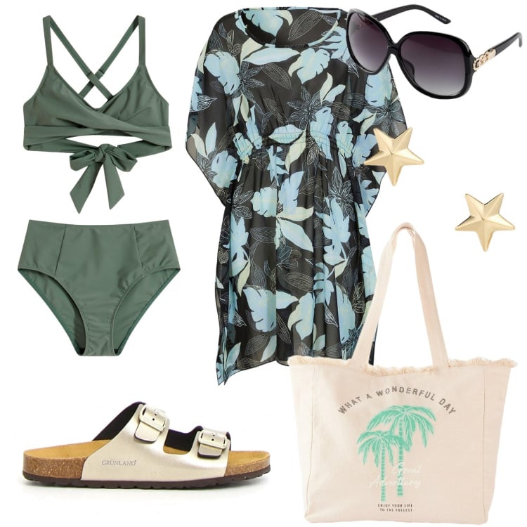 Outfit donna - Chic al mare. Stile Chic per Mare. Abbinamento con vestiti da spiaggia, occhiali da sole, bikini, shopping bag, orecchini, ciabatte.