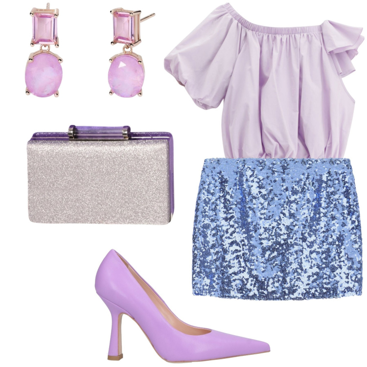 Outfit donna - La mini in paillettes. Stile Glamour per Serata fuori. Abbinamento con décolleté, orecchini, pochette, minigonne, top.