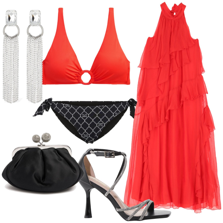 Outfit donna - Festa sul mare. Stile Glamour per Mare. Abbinamento con sandali col tacco, vestiti lunghi, bikini, orecchini, pochette, bikini.
