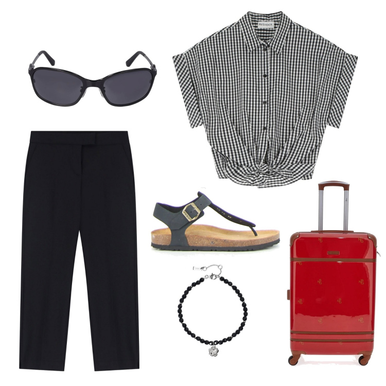 Outfit donna - Finalmente si parte!. Stile Casual per Tutti i giorni. Abbinamento con braccialetti, pantaloni corti, camicie, ciabatte, occhiali da sole, valigie.