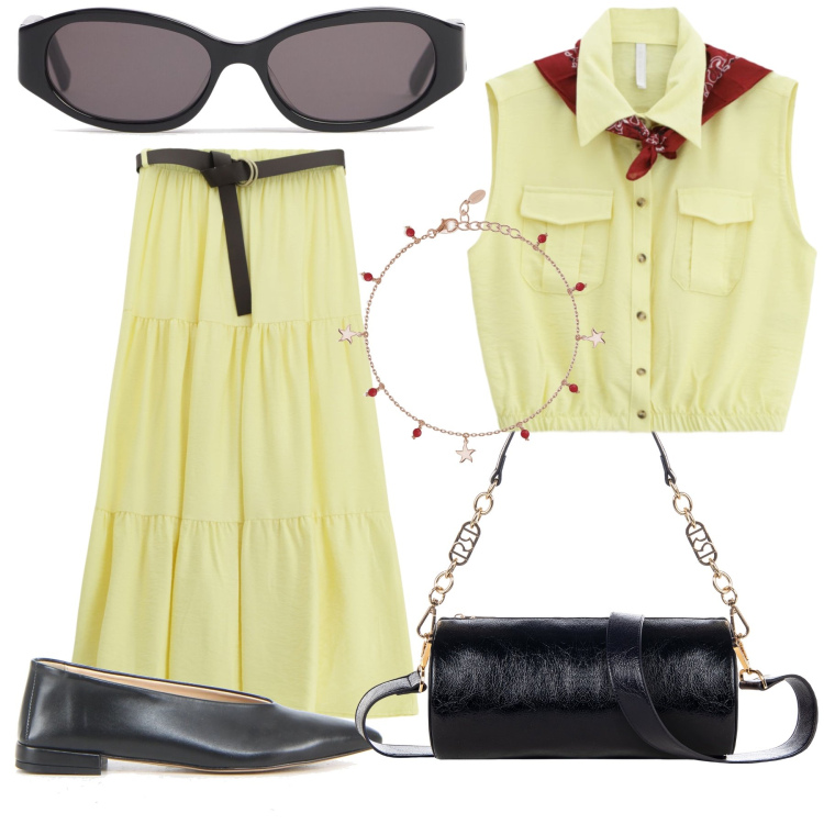 Outfit donna - Mattinata in centro città. Stile Urban per Tutti i giorni. Abbinamento con braccialetti con ciondoli, borse a mano, gonne lunghe, camicie, occhiali da sole, ballerine.