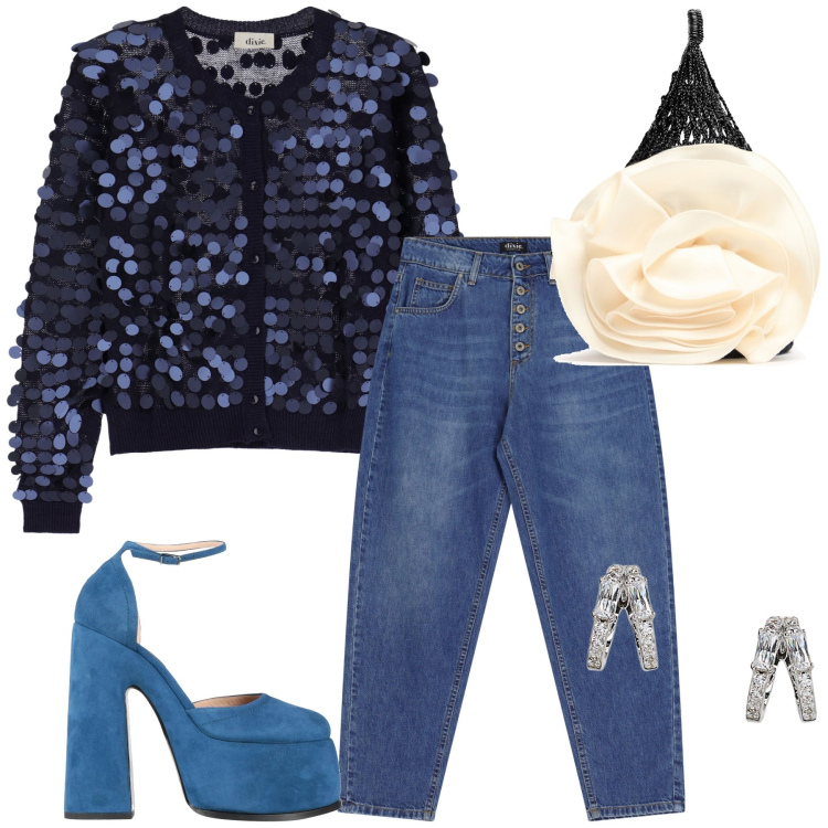 Outfit donna - Originalità. Stile Glamour per Serata fuori. Abbinamento con décolleté, jeans, cardigans, orecchini, borse a mano.