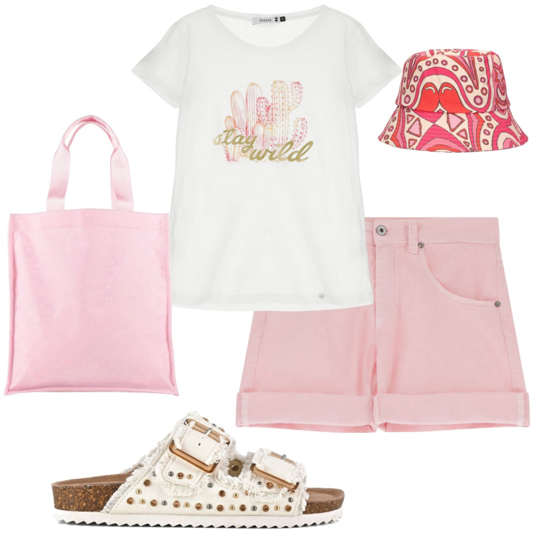 Outfit donna - Verso il mare. Stile Casual per Mare. Abbinamento con borse a mano, t-shirt, shorts, sandali, cappelli.