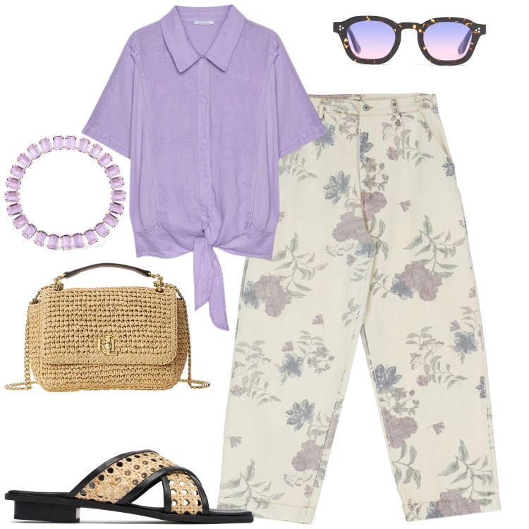 Outfit donna - City. Stile Casual chic per Tutti i giorni. Abbinamento con pantaloni, borse a spalla, camicie, sandali in pelle, collane, occhiali da sole.