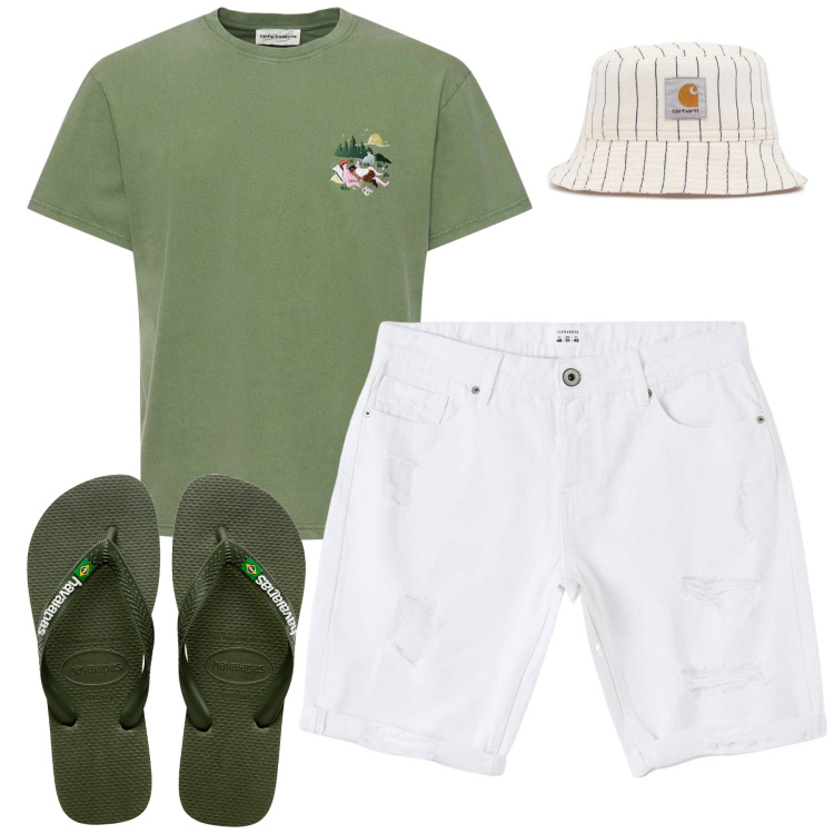 Outfit uomo - Weekend. Stile Casual per Tutti i giorni. Abbinamento con bermuda, sandali, t-shirt, cappelli.