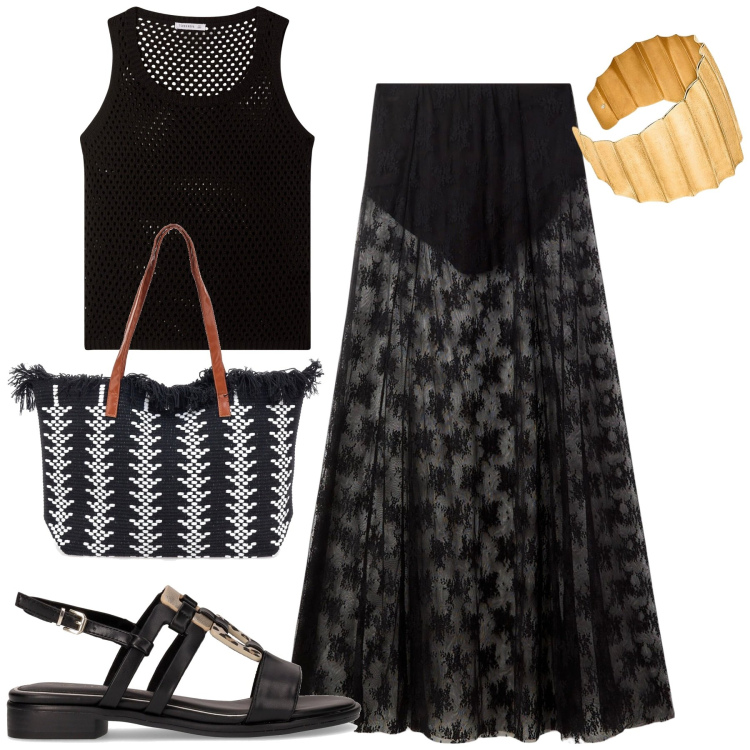 Outfit donna - Black. Stile Trendy per Tutti i giorni. Abbinamento con top, gonne lunghe, borse a spalla, sandali, braccialetti.