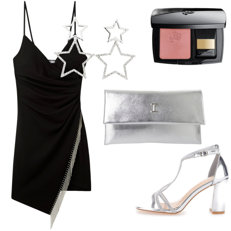 Outfit donna - Scintille notturne. Stile Sexy per Serata fuori. Abbinamento con blush, orecchini, vestiti corti, pochette, sandali col tacco.