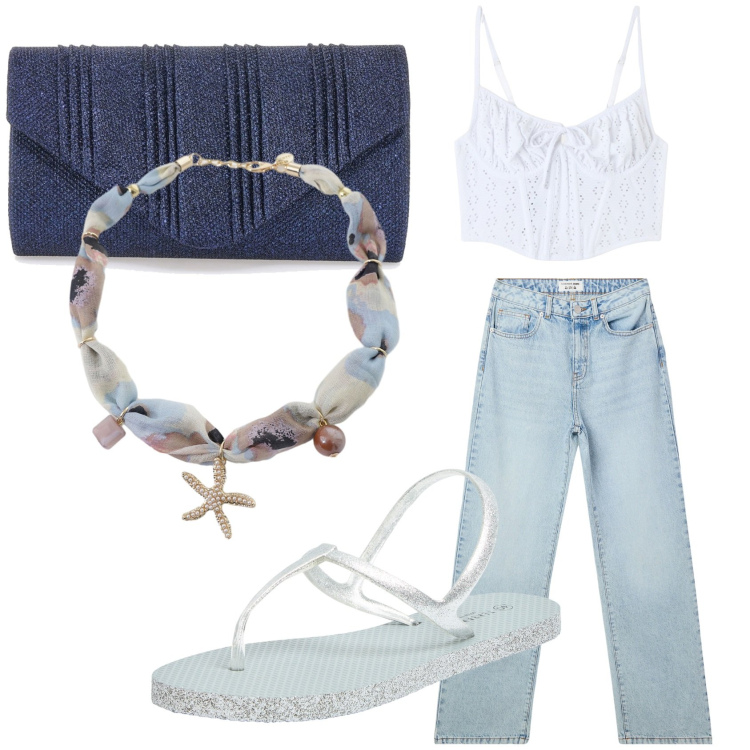 Outfit donna - Una serata al mare. Stile Casual per Serata fuori. Abbinamento con sandali, top, jeans dritti, collane, clutch.