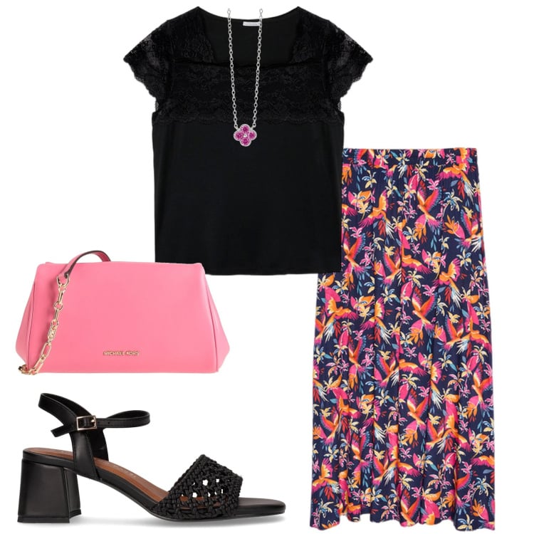 Outfit donna - In città. Stile Urban per Tutti i giorni. Abbinamento con borse a tracolla, collane, gonne lunghe, t-shirt, sandali col tacco.