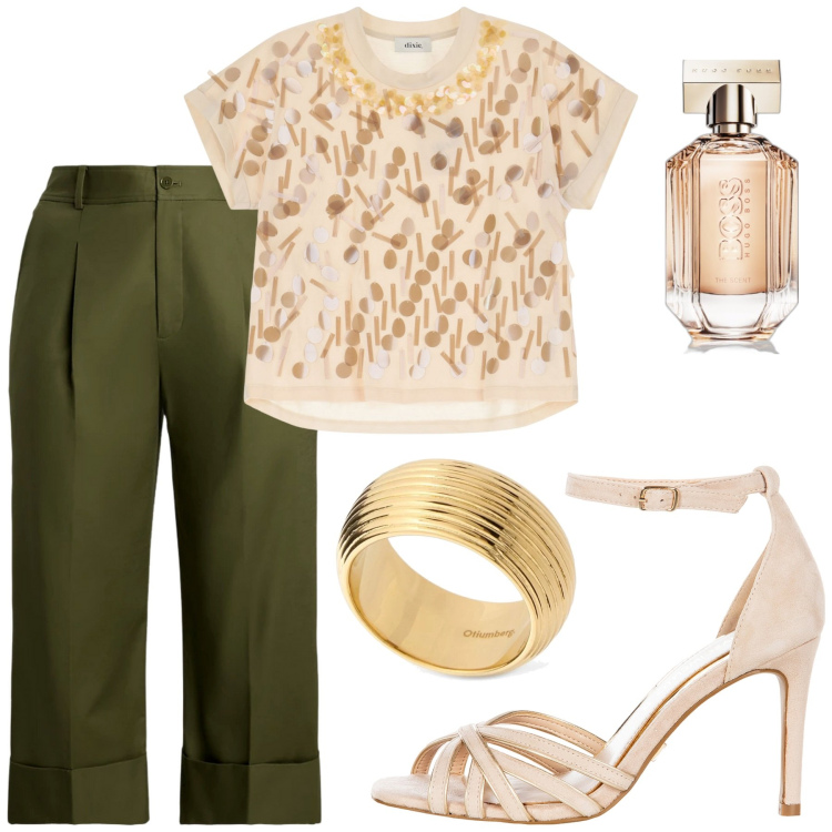 Outfit donna - Evento informale. Stile Glamour per Cerimonia. Abbinamento con profumi, sandali col tacco, t-shirt, pantaloni, anelli.