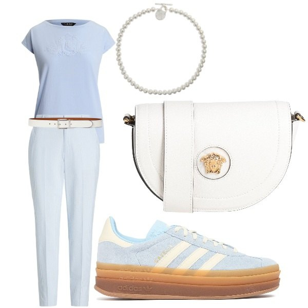 Outfit donna - lunedì alle 07.00. Stile Casual chic per Ufficio. Abbinamento con borse a tracolla, collane, cinture, pantaloni, t-shirt, sneakers.