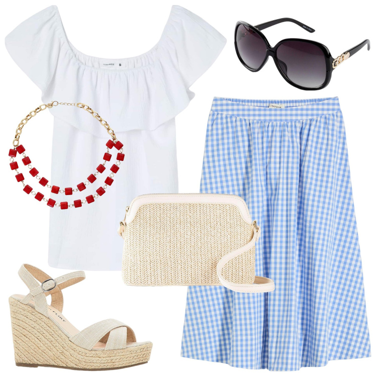 Outfit donna - Gonna a quadretti e dettagli rossi. Stile Casual chic per Tutti i giorni. Abbinamento con gonne longuette, sandali, borse a tracolla, occhiali da sole, bluse, collane.