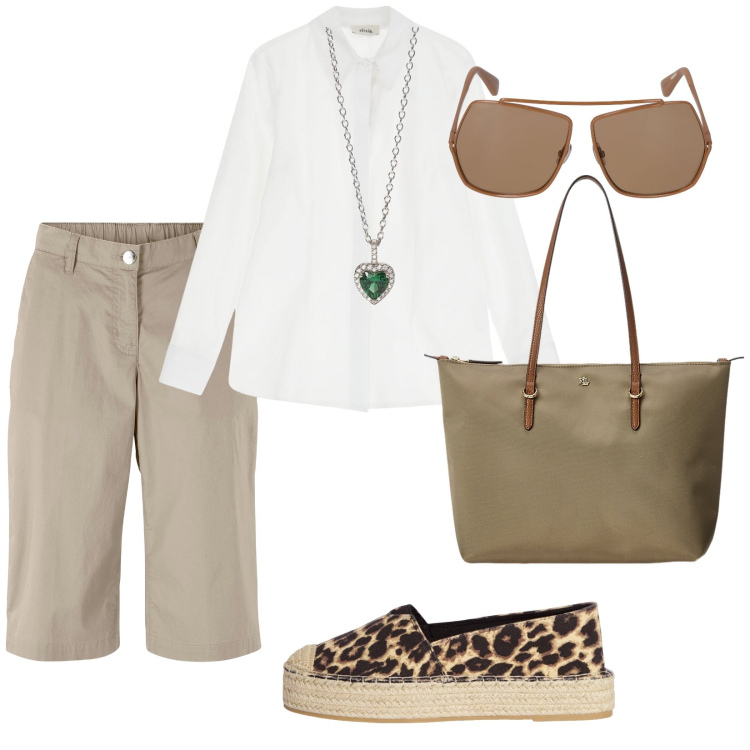 Outfit donna - Un gioiello importante. per Ufficio. Abbinamento con bermuda, espadrillas, ciondoli, camicie, borse tote, occhiali da sole.