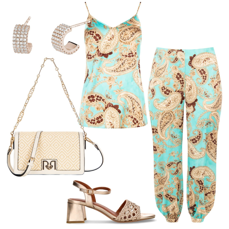 Outfit donna - Odalisca. Stile Chic per Serata fuori. Abbinamento con borse a tracolla, pantaloni, top, orecchini, sandali col tacco.