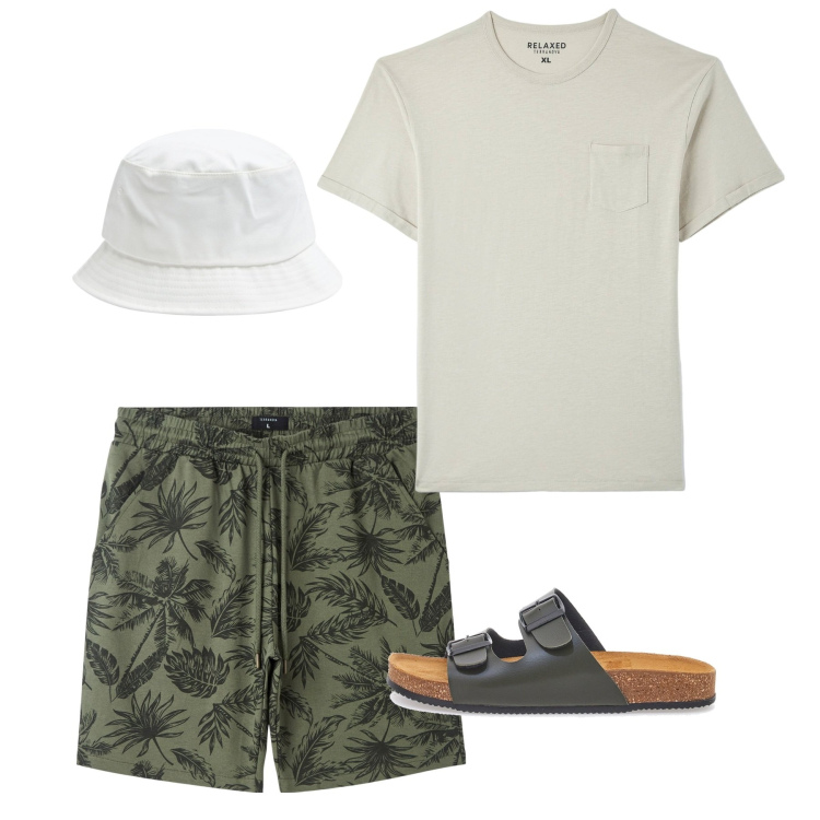 Outfit uomo - Giugno. Stile Casual per Tutti i giorni. Abbinamento con bermuda, t-shirt, cappelli, sandali.