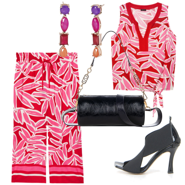 Outfit donna - Fantasia esplosiva. Stile Chic per Serata fuori. Abbinamento con orecchini, borse a mano, top, pantaloni a palazzo, sandali in pelle.
