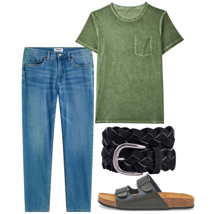 Outfit uomo - Giugno. Stile Casual per Tutti i giorni. Abbinamento con jeans, t-shirt, cinture, sandali.