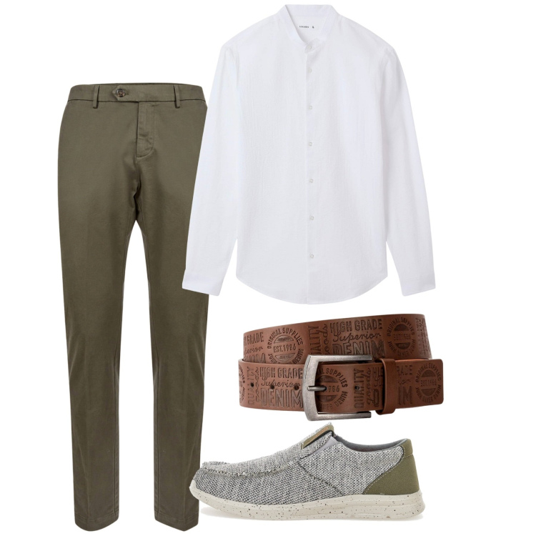 Outfit uomo - Giugno in città. Stile Casual per Tutti i giorni. Abbinamento con cinture, camicie, pantaloni chino, scarpe stringate.