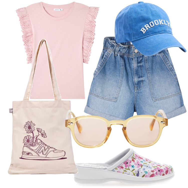 Outfit donna - In the mood for Summer. Stile Casual chic per Tutti i giorni. Abbinamento con t-shirt, shorts, cappelli, shopping bag, occhiali da sole, ciabatte.