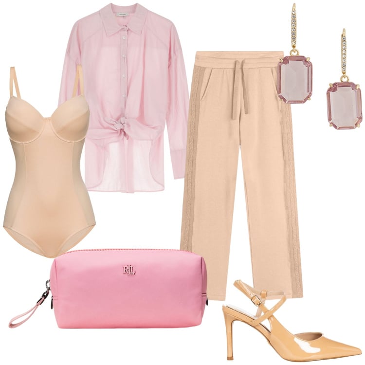Outfit donna - Ad una cresima. Stile Bon Ton per Cerimonia. Abbinamento con body, décolleté, pantaloni, camicie, orecchini, pochette.