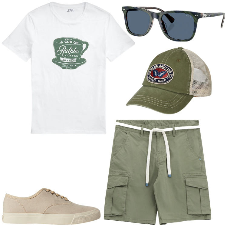 Outfit uomo - Sneakers in tela. Stile Urban per Tutti i giorni. Abbinamento con bermuda, sneakers, t-shirt, occhiali da sole, cappelli.