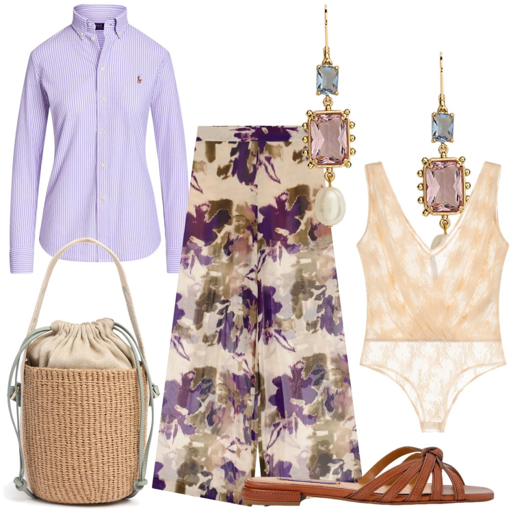 Outfit donna - Total look. Stile Urban per Ufficio. Abbinamento con body, pantaloni, camicie, sandali in pelle, orecchini, borse a secchiello.