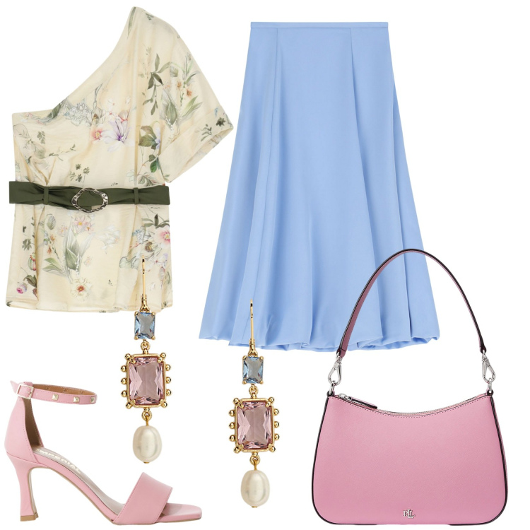 Outfit donna - Imperial Summer. Stile Chic per Serata fuori. Abbinamento con top, gonne longuette, sandali col tacco, orecchini, borse a spalla.