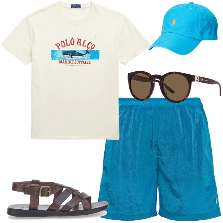 Outfit uomo - Domenica al mare. Stile Casual per Mare. Abbinamento con cappelli, occhiali da sole, t-shirt, sandali, shorts.