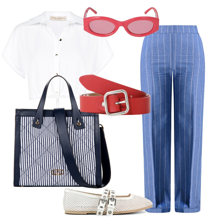 Outfit donna - Riviera style 2. Stile Bon Ton per Tutti i giorni. Abbinamento con pantaloni, camicie a manica corta, shopping bag, cinture, ballerine, occhiali da sole.