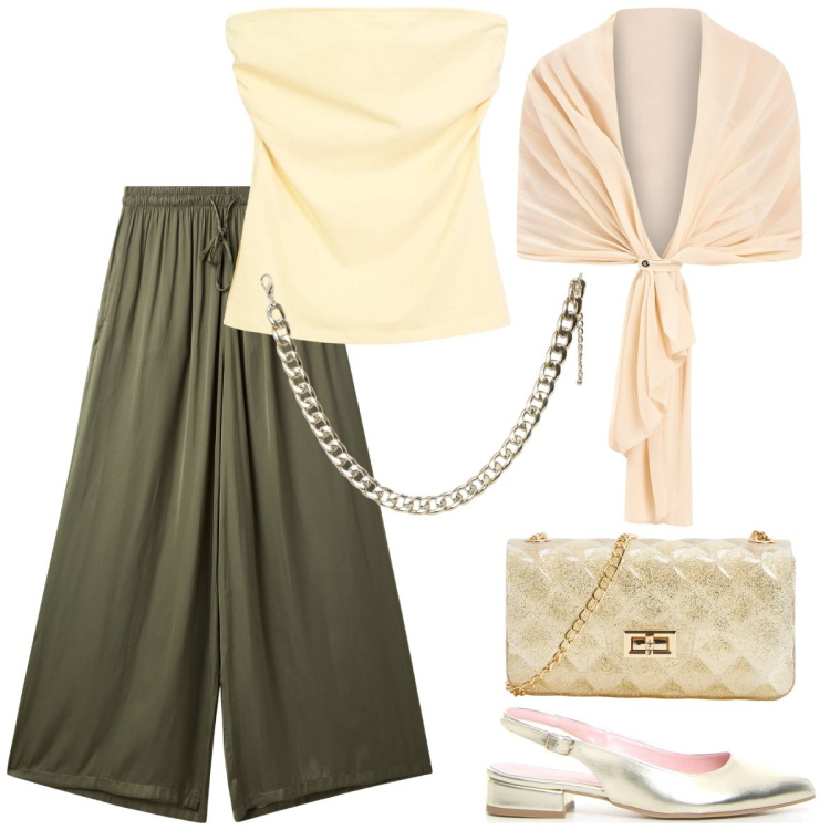 Outfit donna - Coordinati leggeri e chic. Stile Casual chic per Cerimonia. Abbinamento con pantaloni a palazzo, borse a tracolla, collane, top, scialli, décolleté.