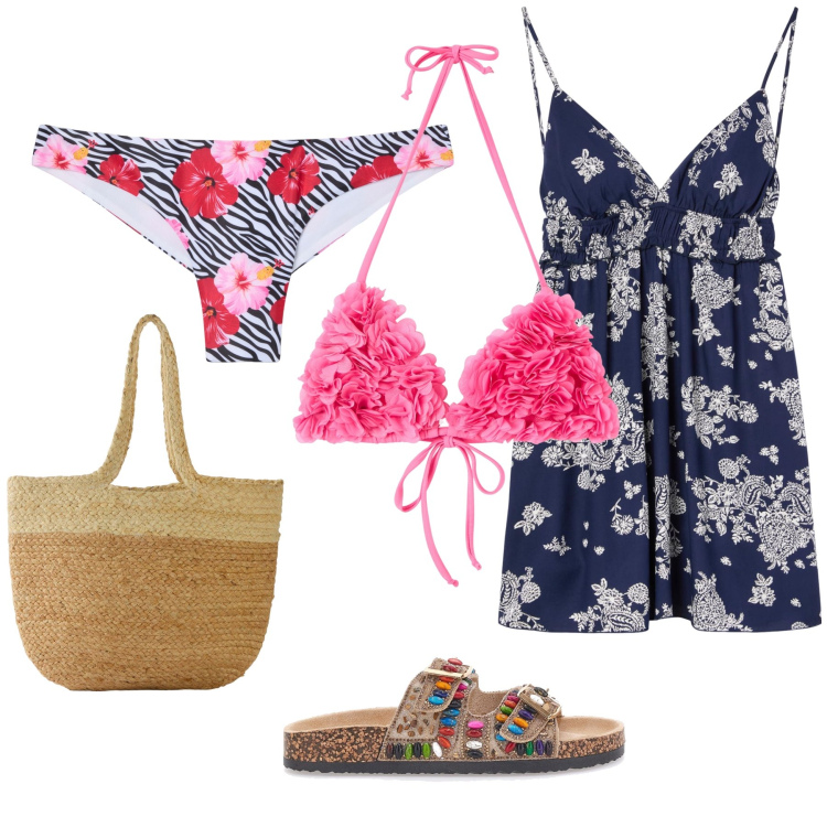 Outfit donna - Total look #2185531. Stile Casual per Mare. Abbinamento con shopping bag, vestiti corti, bikini, bikini, ciabatte.