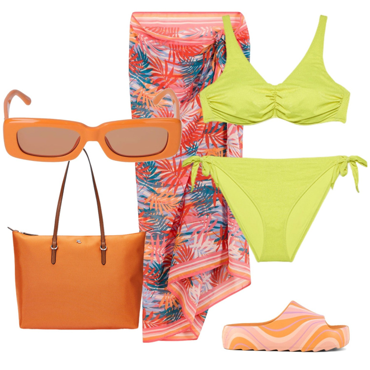 Outfit donna - Total look #2185534. Stile Casual per Mare. Abbinamento con vestiti da spiaggia, borse tote, bikini, ciabatte, occhiali da sole.