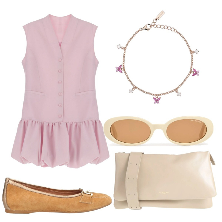 Outfit donna - Contro il caldo. Stile Boho per Tutti i giorni. Abbinamento con ballerine, borse a tracolla, braccialetti, vestiti corti, occhiali da sole.