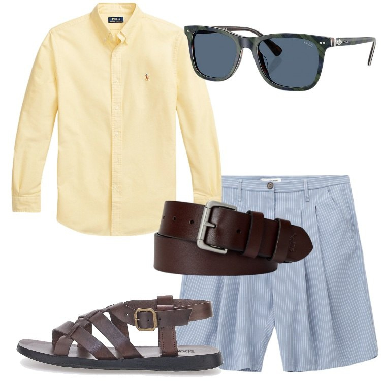 Outfit uomo - Shorts sartoriali. Stile Trendy per Tutti i giorni. Abbinamento con bermuda, camicie, cinture, occhiali da sole, sandali.