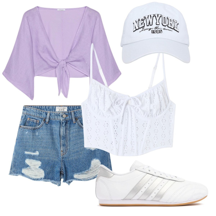 Outfit donna - Il top in sangallo. Stile Urban per Tutti i giorni. Abbinamento con top, cappelli, shorts, bolero, sneakers.