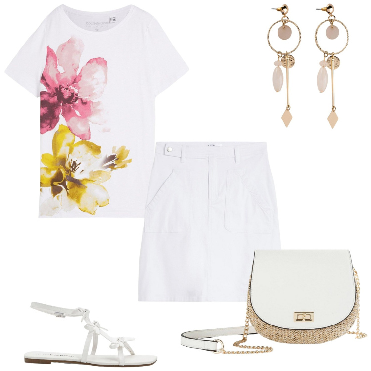 Outfit donna - Difendersi dal caldo con Bonprix. Stile Casual chic per Tutti i giorni. Abbinamento con sandali, orecchini, borse a tracolla, t-shirt, gonne.