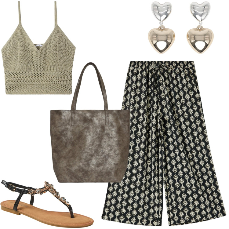 Outfit donna - Difendersi dal caldo con Terranova. Stile Etnico per Tutti i giorni. Abbinamento con pantaloni a palazzo, orecchini, borse tote, sandali gioiello, top.