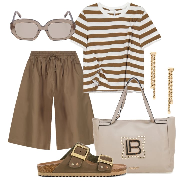 Outfit donna - Estate rilassata in città. Stile Basic per Tutti i giorni. Abbinamento con t-shirt, orecchini, bermuda, borse a spalla, sandali, occhiali da sole.