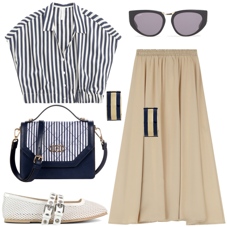 Outfit donna - Righe e beige. Stile Bon Ton per Tutti i giorni. Abbinamento con borse a mano, camicie a manica corta, gonne lunghe, orecchini, ballerine, occhiali da sole.