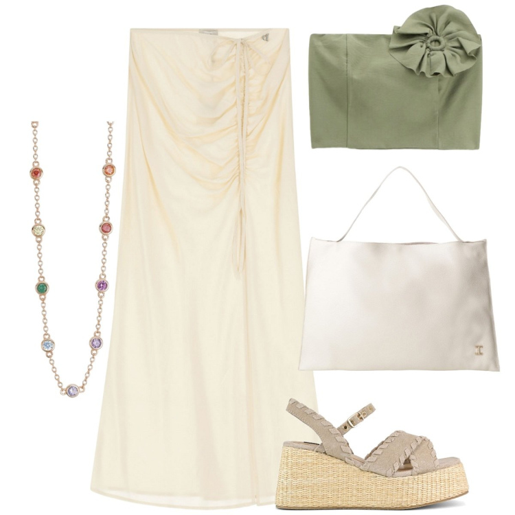 Outfit donna - Dixie a Positano. Stile Casual chic per Tutti i giorni. Abbinamento con collane, borse a spalla, gonne lunghe, top, zeppe.
