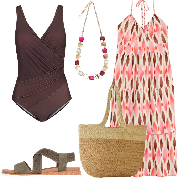 Outfit donna - Total look #2185565. Stile Basic per Mare. Abbinamento con costumi interi, vestiti midi/longuette, shopping bag, collane, sandali col tacco.