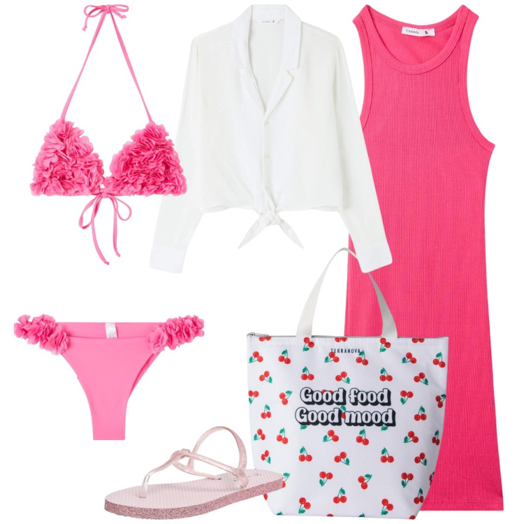 Outfit donna - Terranova - Summer Vibes. Stile Casual chic per Mare. Abbinamento con vestiti corti, camicie, bikini, sandali, borse tote, bikini.