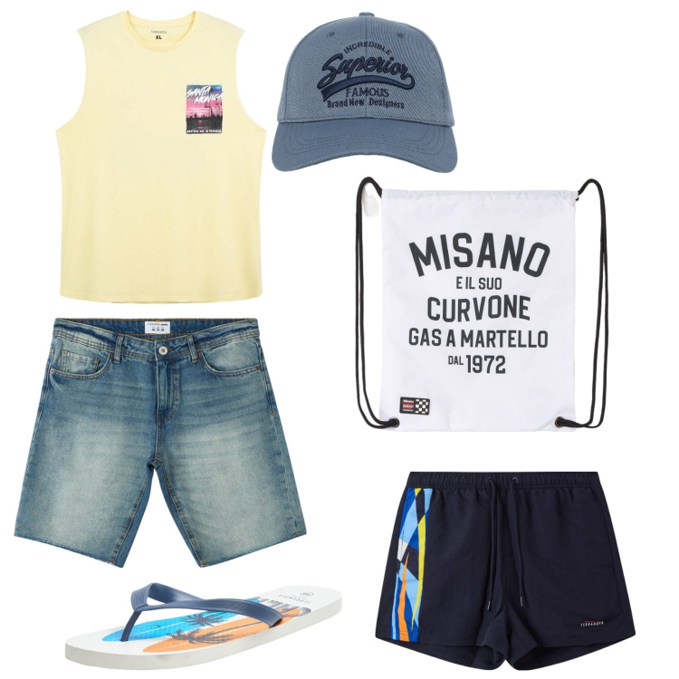Outfit uomo - Mare mare. Stile Casual per Mare. Abbinamento con borse sportive, canottiere, sandali, bermuda, cappelli con visiera, costumi.