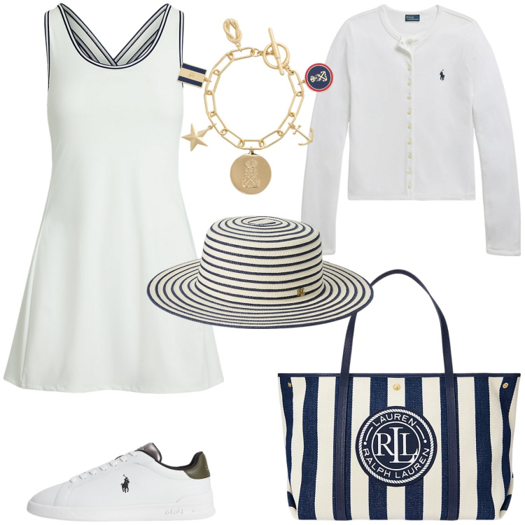 Outfit donna - Sportivamente chic con Ralph Lauren. Stile Sporty chic per Tutti i giorni. Abbinamento con cardigans, braccialetti con ciondoli, sneakers, cappelli, borse tote, vestiti.