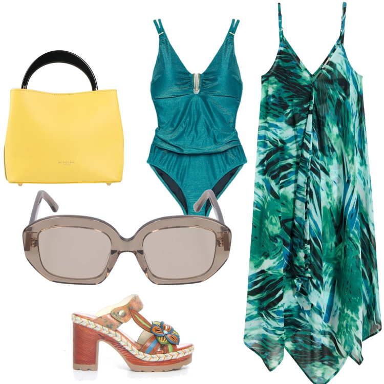 Outfit donna - Total look #2185577. Stile Casual per Mare. Abbinamento con vestiti da spiaggia, borse a mano, costumi interi, ciabatte, occhiali da sole.